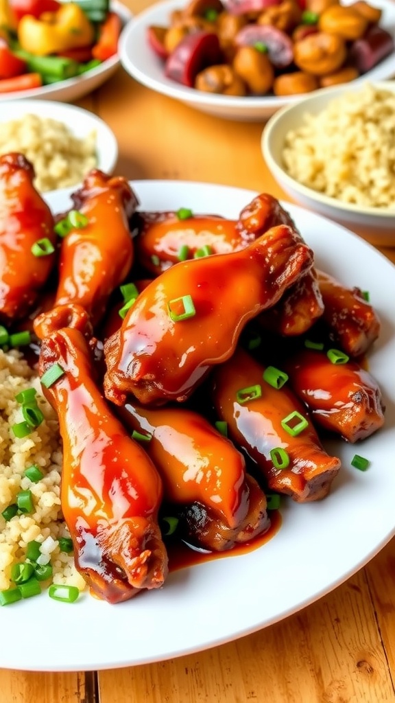 Glazed turkey wings on a white plate with garnished green onions, surrounded by colorful side dishes.
